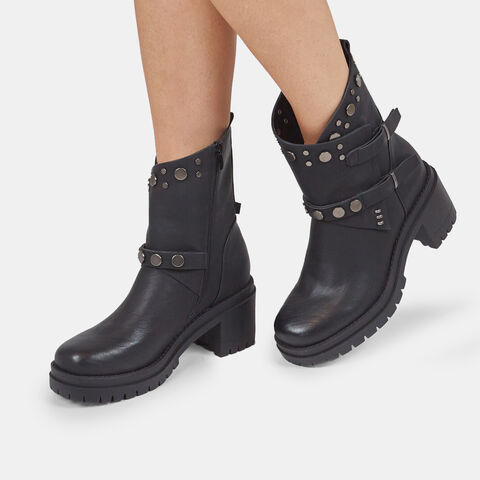 Botín biker de mujer con tacón, Negro Botín biker de mujer con tacón, Negro